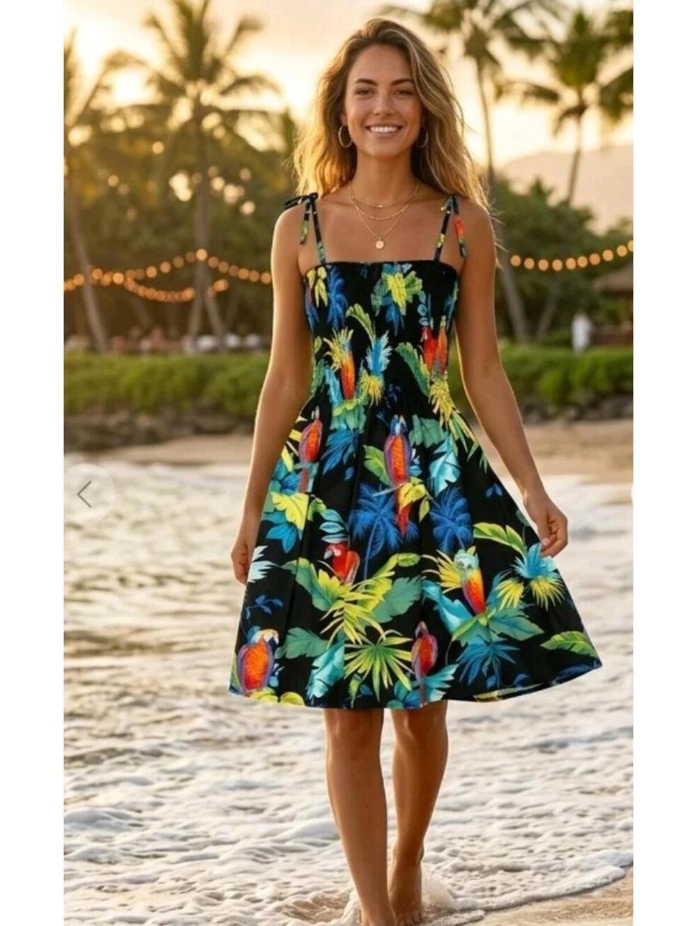 Hawaiian Parrot Sundress M Tropical Smocked Tie Strap Midi Tropical Aloha Island